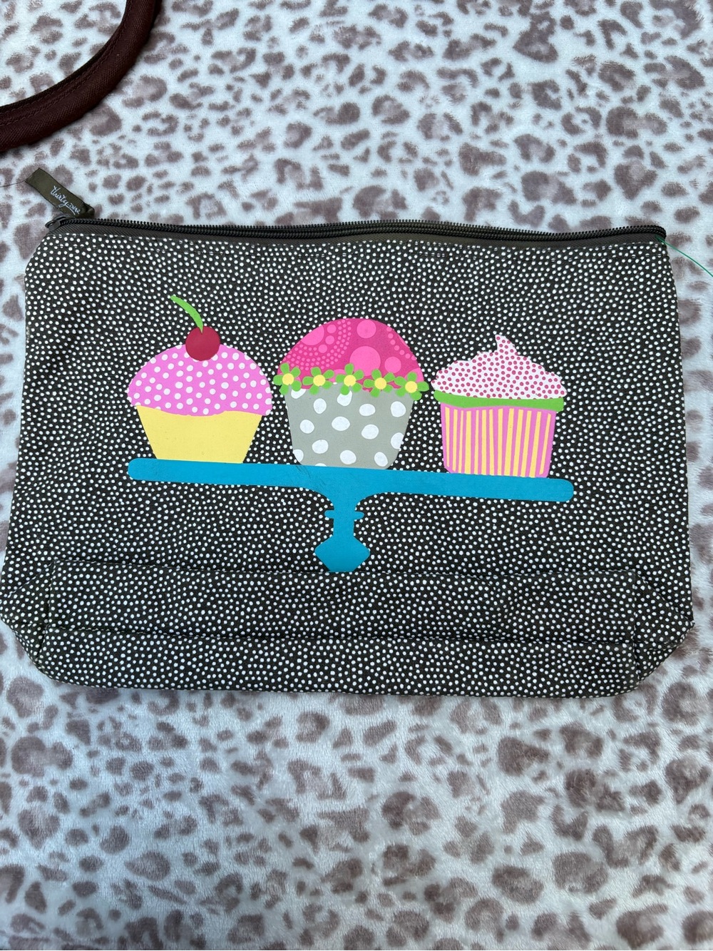 Thirty-One Polka Dot Cupcake Pouch - Brown with Pink, Yellow & Teal Accents